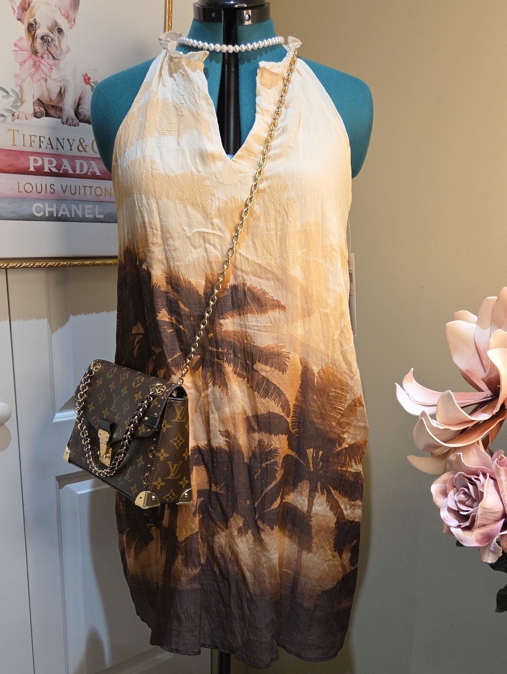 Nwt 14 &12&  10 London Times Cream and Brown Palm-Print Halter Midi Dress